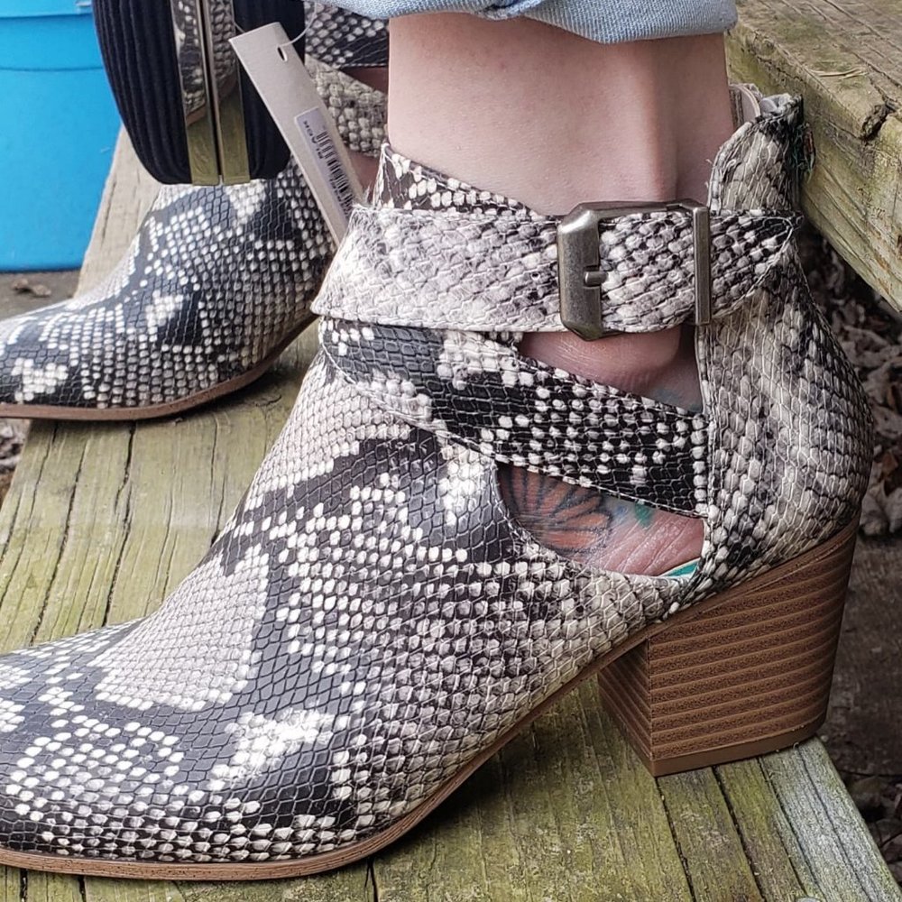 Fergalicious faux leather snake print booties